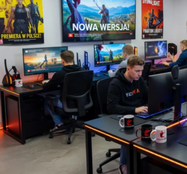 Zespół graczy śledzących wiadomości ze świata gier na dużym ekranie w newsroomie gamingowym.